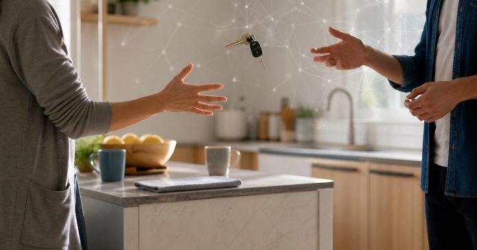 Two people anticipating the motion of keys as a visual metaphor for predictive processing