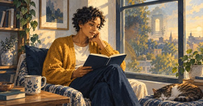 An adult beside a morning window considering a notebook, in a navy and gold editorial illustration.