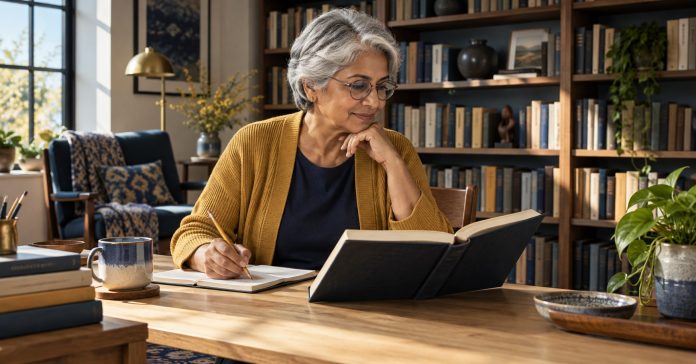 An older adult studies a book and makes notes in a bright home library.