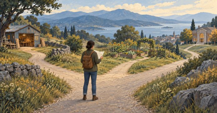 Choosing a personal direction A painted landscape shows several ordinary paths and a person pausing to choose a direction.