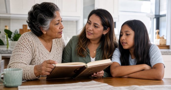 Multigenerational family sharing stories at a bright kitchen table