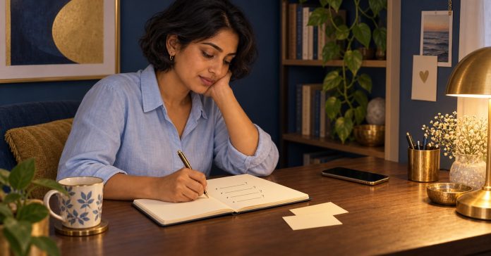 Adult woman preparing written questions at a table with a phone and two blank cards.