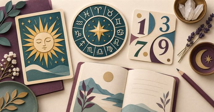 Illustrated tarot cards, astrology wheel and journal representing different reading specialties.