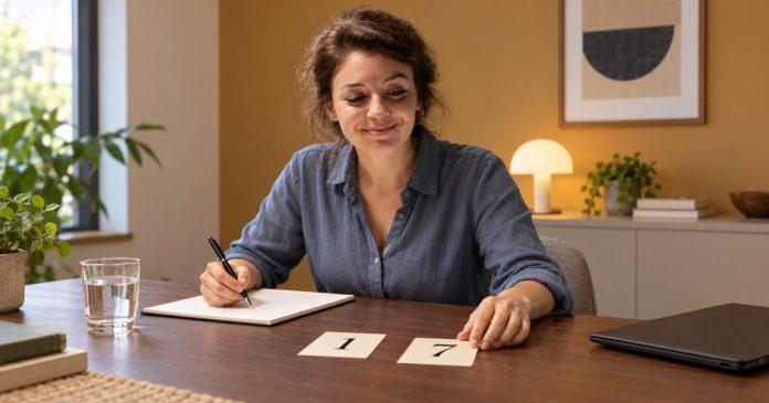 life-path-1-7-distinct-model-20261014 A woman considering numerology cards marked 1 and 7 with a closed laptop on her desk.